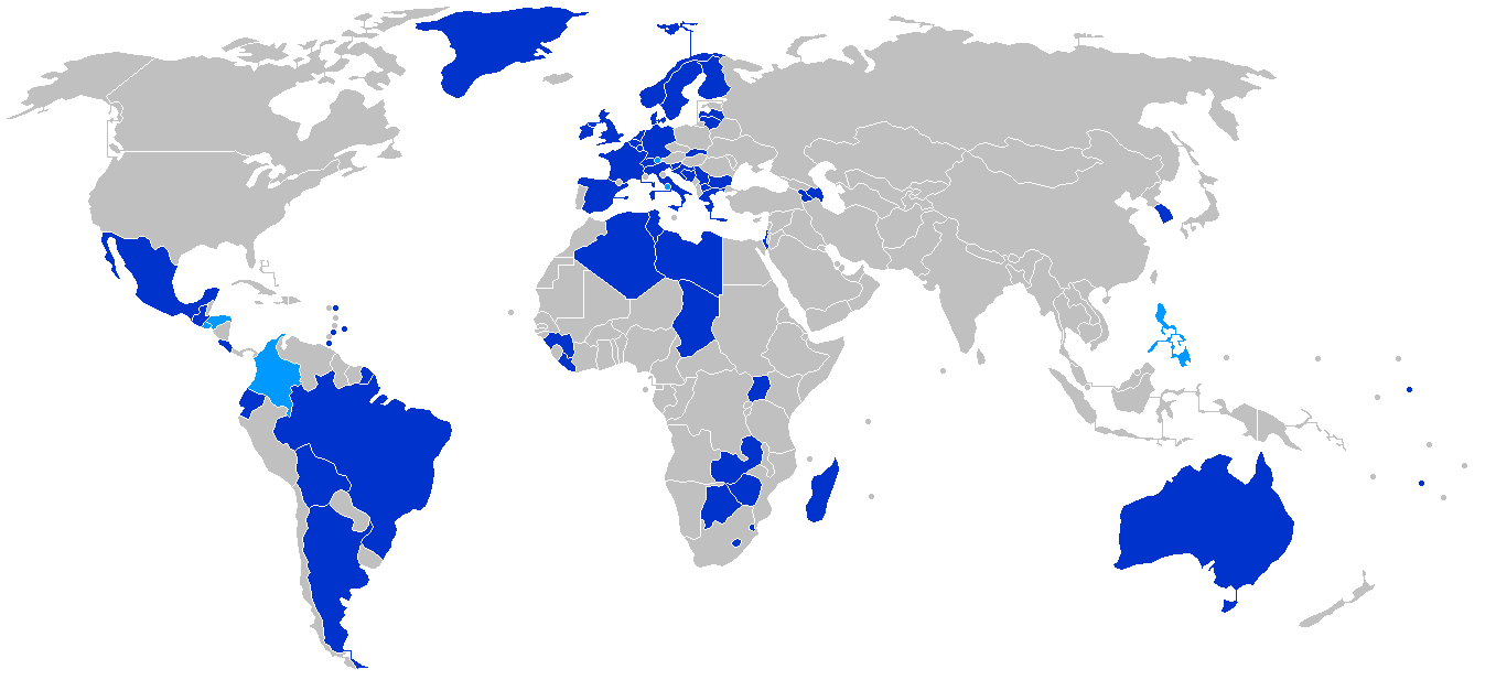 Państwa będące stronami i sygnatariuszami Konwencji z 1954 r. dotyczącej statusu bezpaństwowców. Państwa-strony są ciemnoniebieskie; strony niebędące państwami, które podpisały konwencję, są jasnoniebieskie