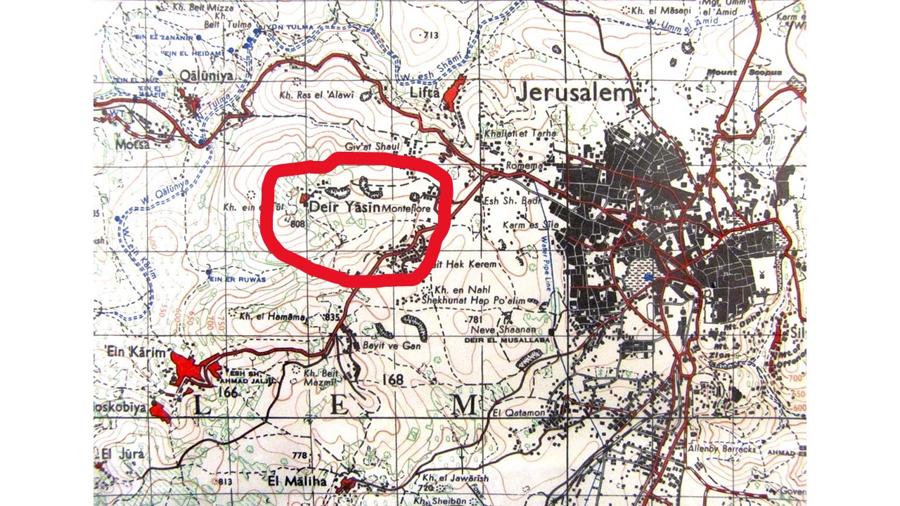 Mapa pokazująca położenie Dajr Jasin na przedmieściach Jerozolimy