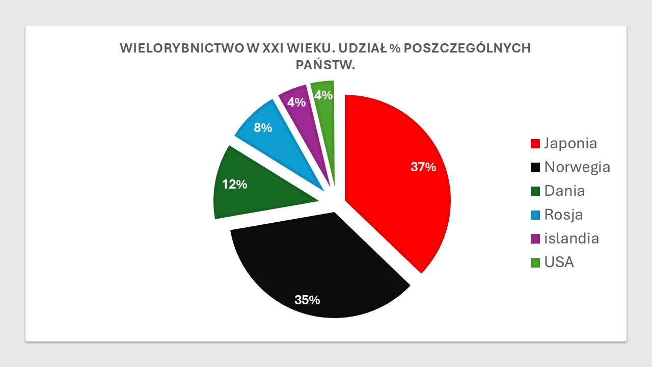 Wykres nr.2 Wielorybnictwo od 2000 do 2023 roku. Procentowy udział państw raportujących do IWC w połowie wielorybów. Brak na wykresie St. Vincent i Grenadyn. Dane z IWC 