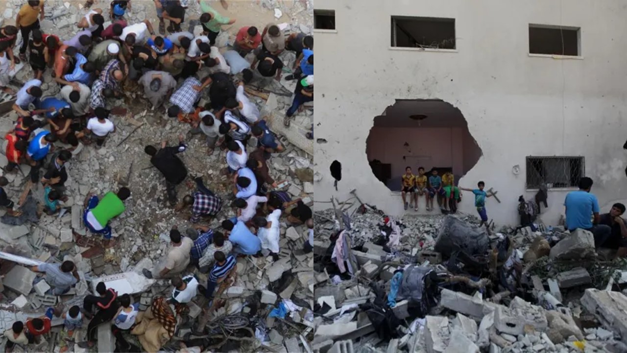 Na zdjęciach: Zniszczenia i dewastacja w Strefie Gazy. Palestyńczycy oglądają gruzy zniszczonego domu w dzielnicy Al Sheikh Redwan w centrum miasta Gaza, 21 lipca./Izraelska ataku nie ustała, w serii ataków w poniedziałek 31 Palestyńczyków, mimo że USA i ONZ domagały się (***)natychmiastowego zawieszenia broni(***). źródło: Al-Dżazira