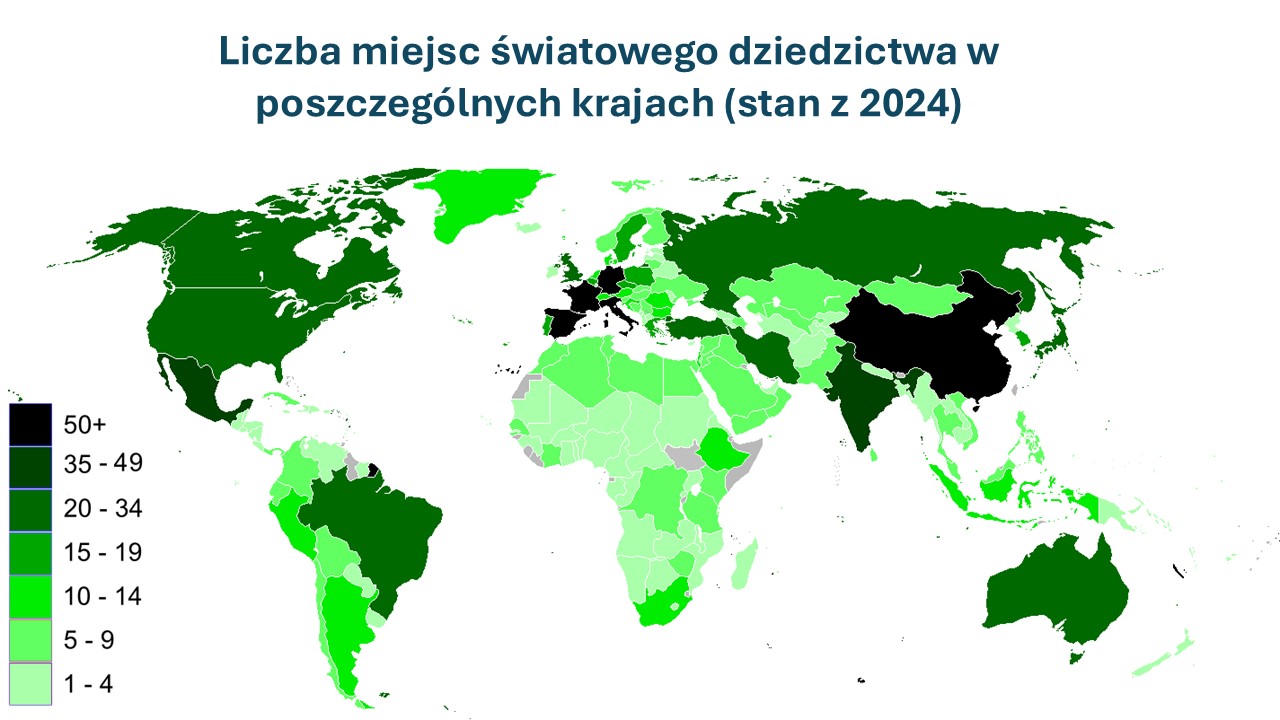 Liczba miejsc światowego dziedzictwa w poszczególnych krajach (stan z 2024)
